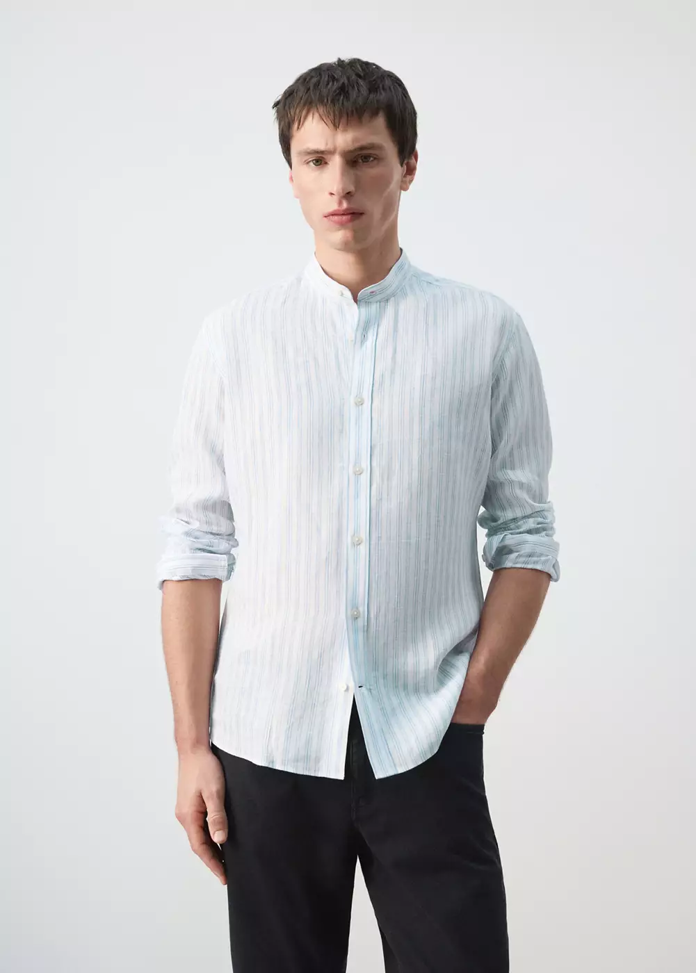 Chemise 100 % lin col mao à rayures, MANGO MAN