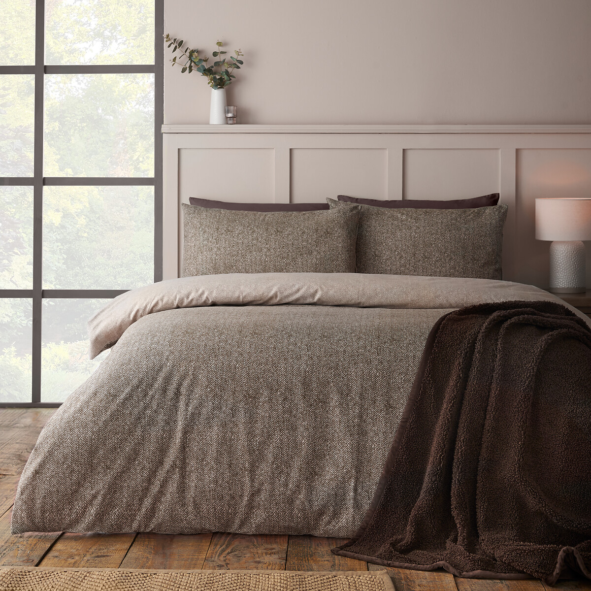 Brushed Herringbone Cotton Reversible Duvet Cover Set, CATHERINE LANSFIELD