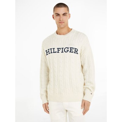 Pullover mit rundem Ausschnitt, Zopfmuster und Logo TOMMY HILFIGER
