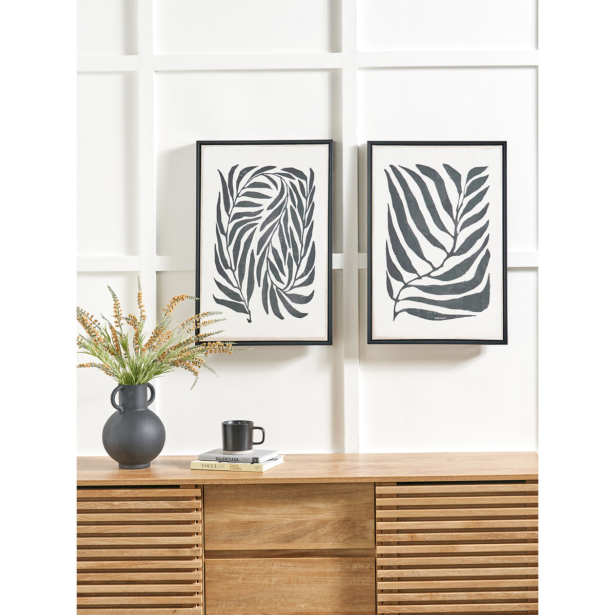Set of 2 60 x 40cm Black Leaf Print Canvases with Black Frames, ÉDITÉ