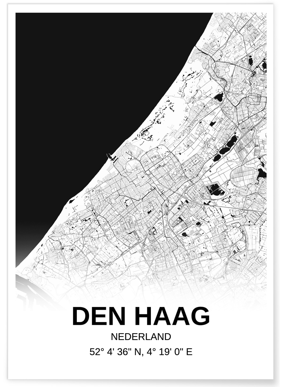 Affiche carte Den Haag - rectangle Noir et Blanc, L'AFFICHERIE
