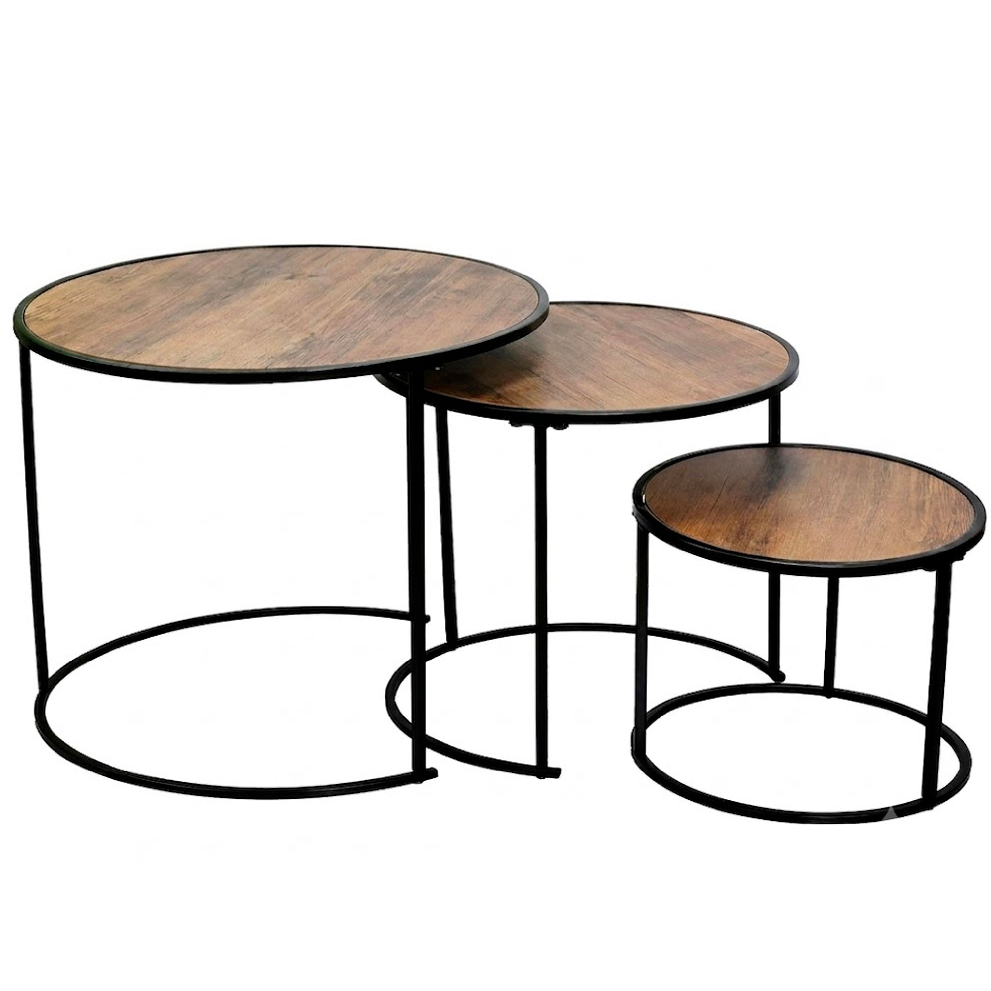 Set de 3 tables basses rondes gigognes bois et métal noir 50x50x46cm, WADIGA