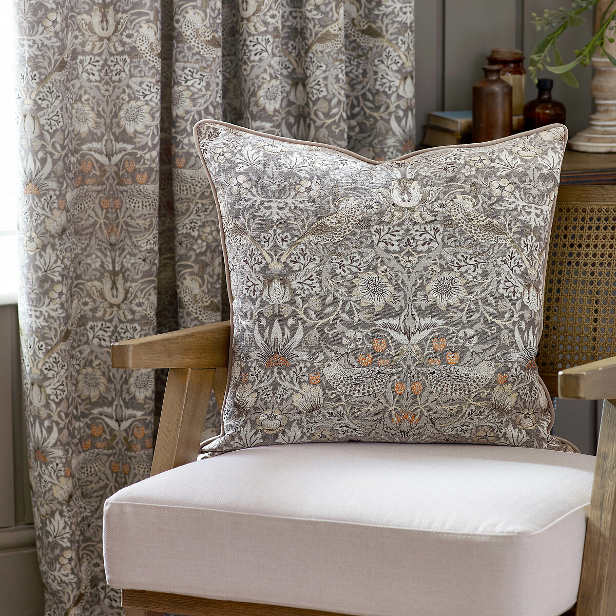 Strawberry Thief Jacquard Piped Feather Filled Cushion, MORRIS & CO.