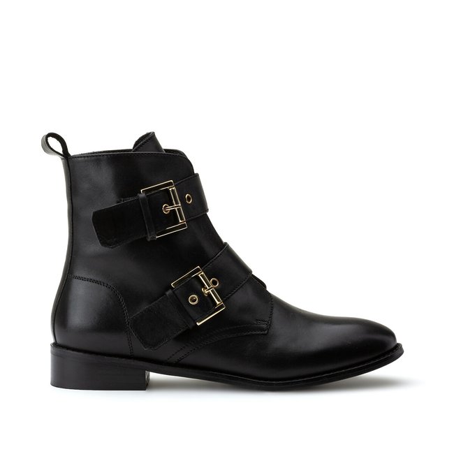 Wide Fit Leather Ankle Boots with Buckled Detail, black, LA REDOUTE COLLECTIONS PLUS