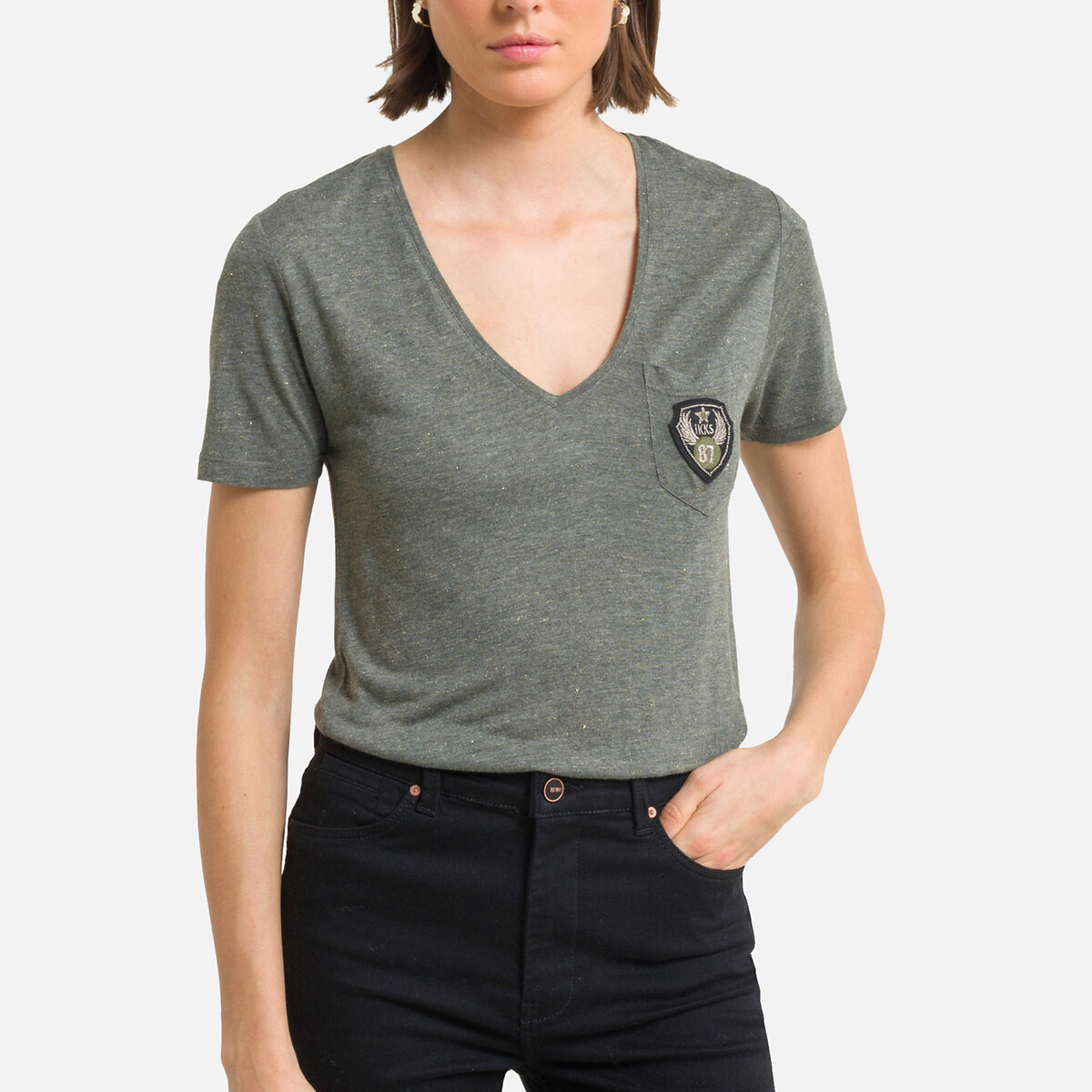 khaki v neck t shirt women's