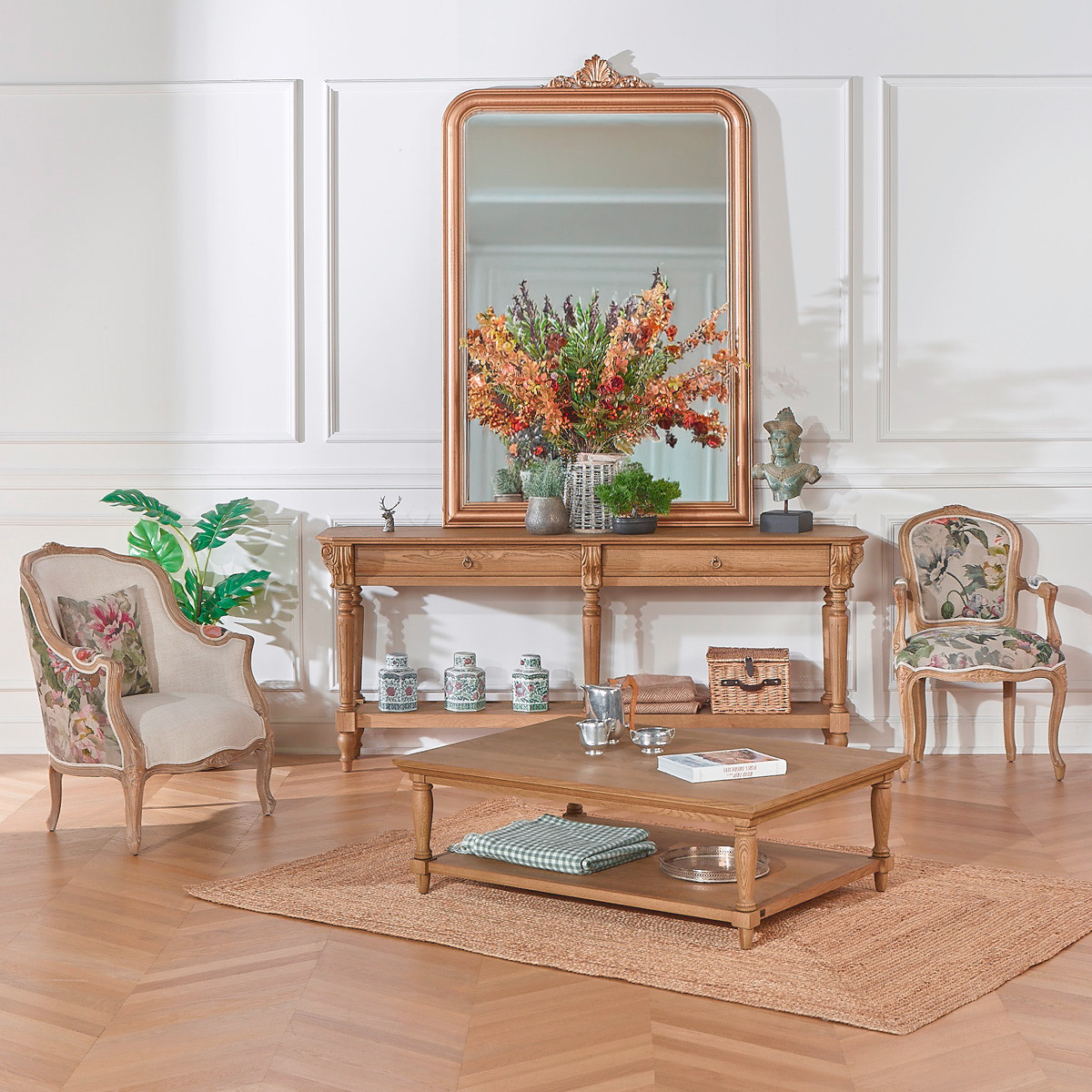 Console double style shabby chic, plateau en chêne, 2 tiroirs CLAUDE, ROBIN DES BOIS