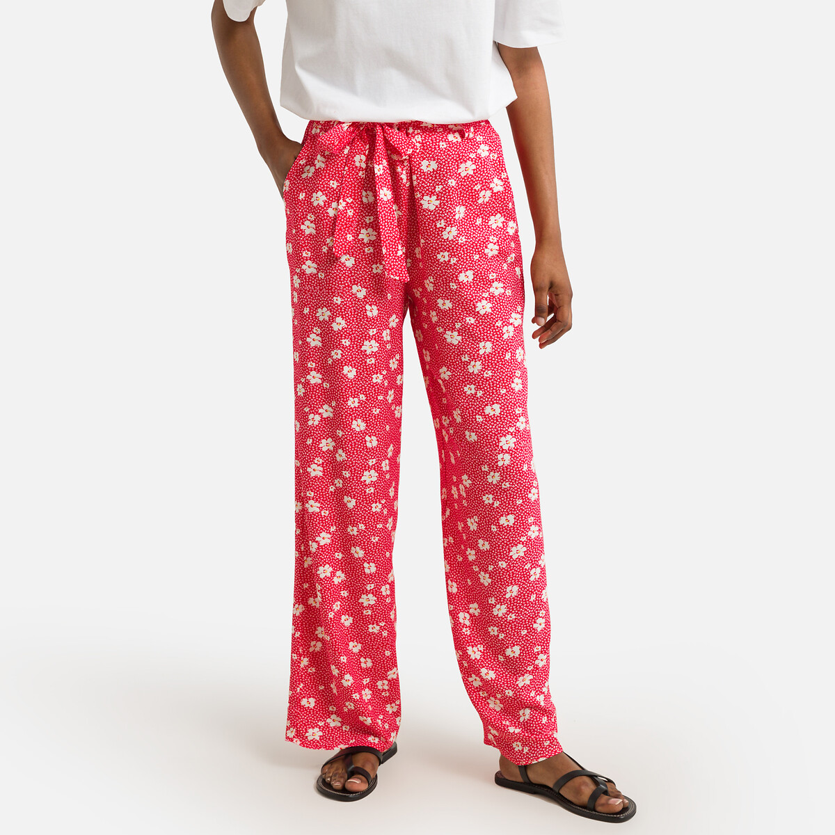 Image of Floral Loose Fit Trousers with Tie-Waist