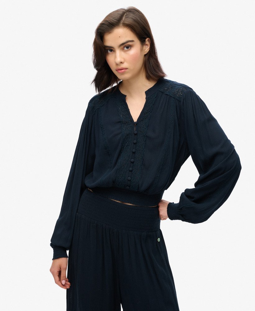Blouse smockée à manches longues et finitions dentelle, SUPERDRY