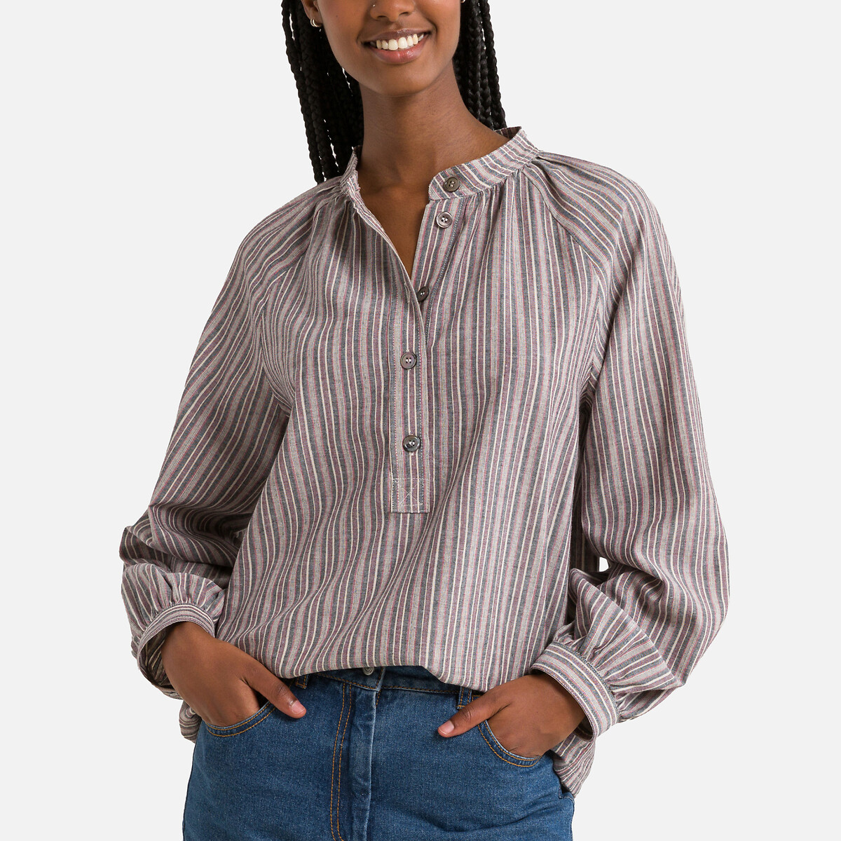 Striped Cotton Blouse in Loose Fit with Long Sleeves