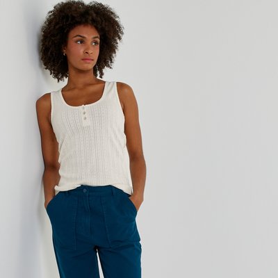 Cotton Mix Pointelle Vest Top with Button Trim LA REDOUTE COLLECTIONS