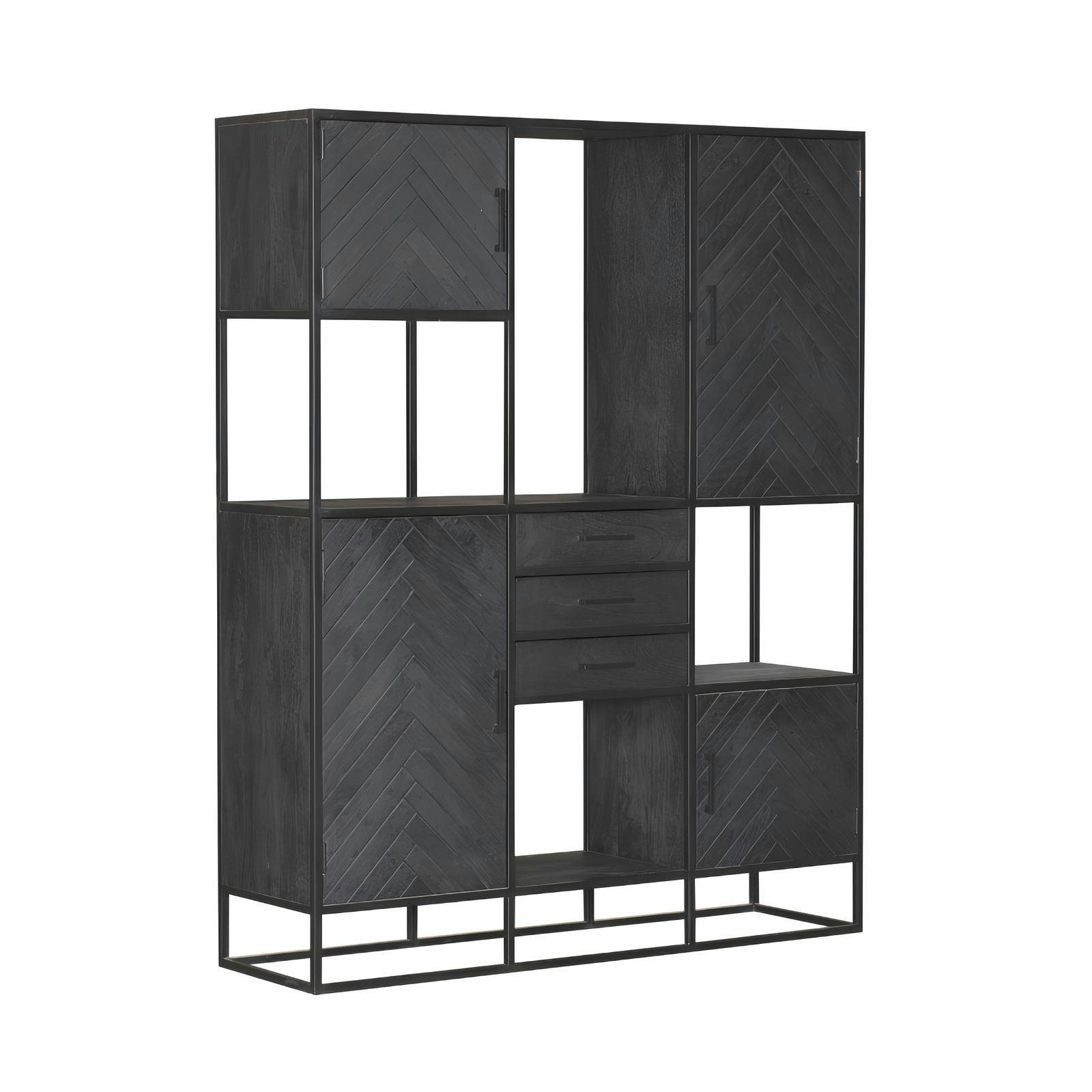 Bibliothèque étagère bois noir 4 portes motif chevron ALVERA, PIER IMPORT