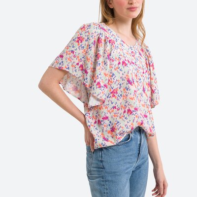Floral Angel Sleeve Blouse with Crew Neck DES PETITS HAUTS