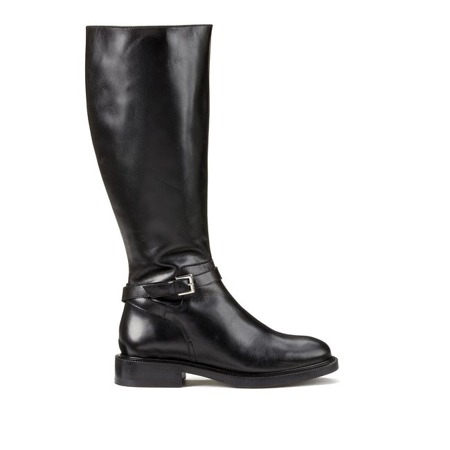 Leather riding boots with flat heel, black, La Redoute Collections | La ...