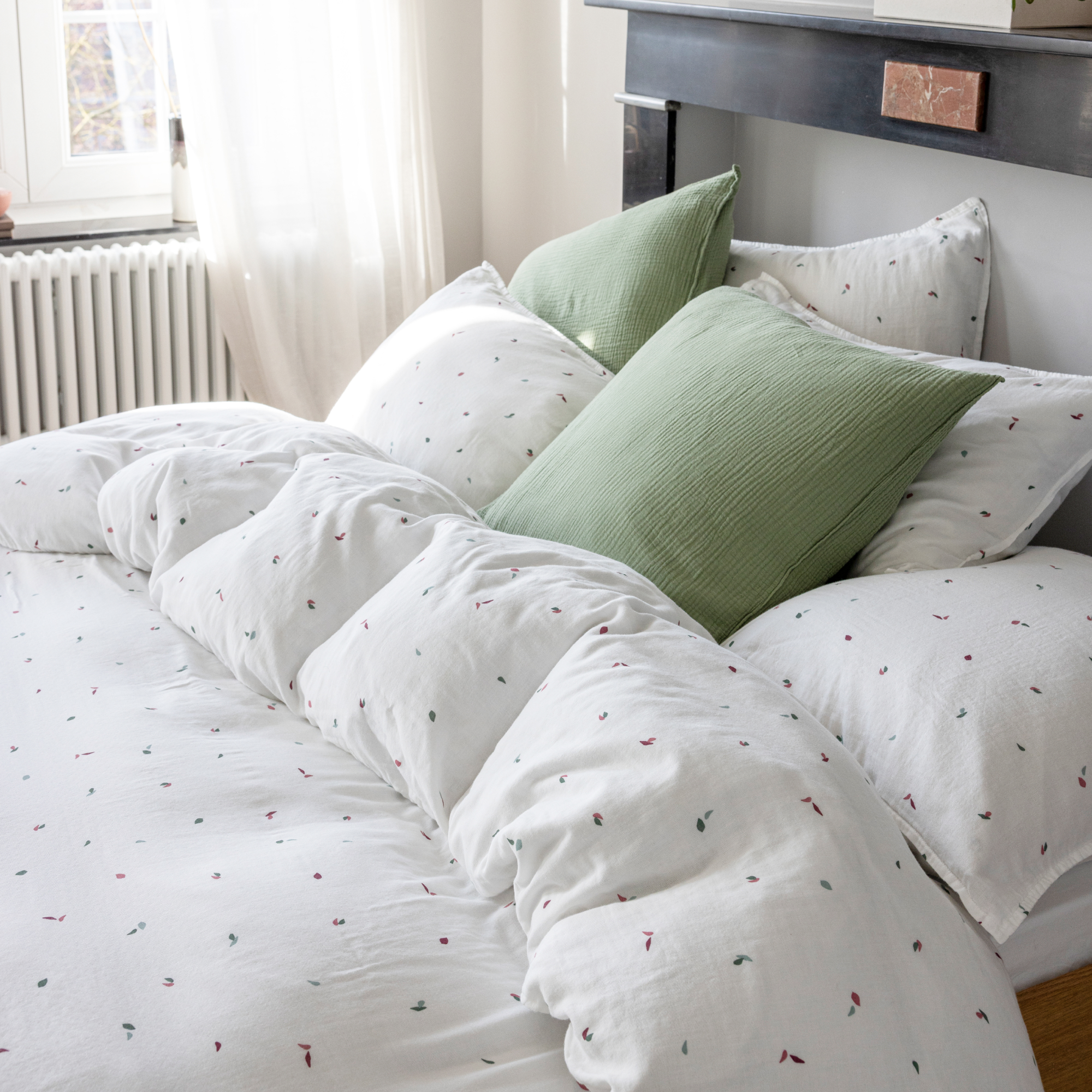 Housse de couette en gaze de coton, MILLE ET UNE FEUILLES, BLANC CERISE
