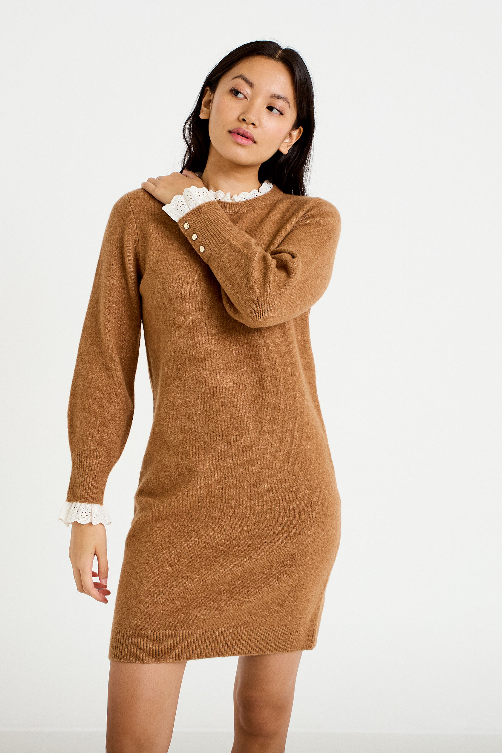 Robe pull ajustée col rond dentelle, CACHE CACHE