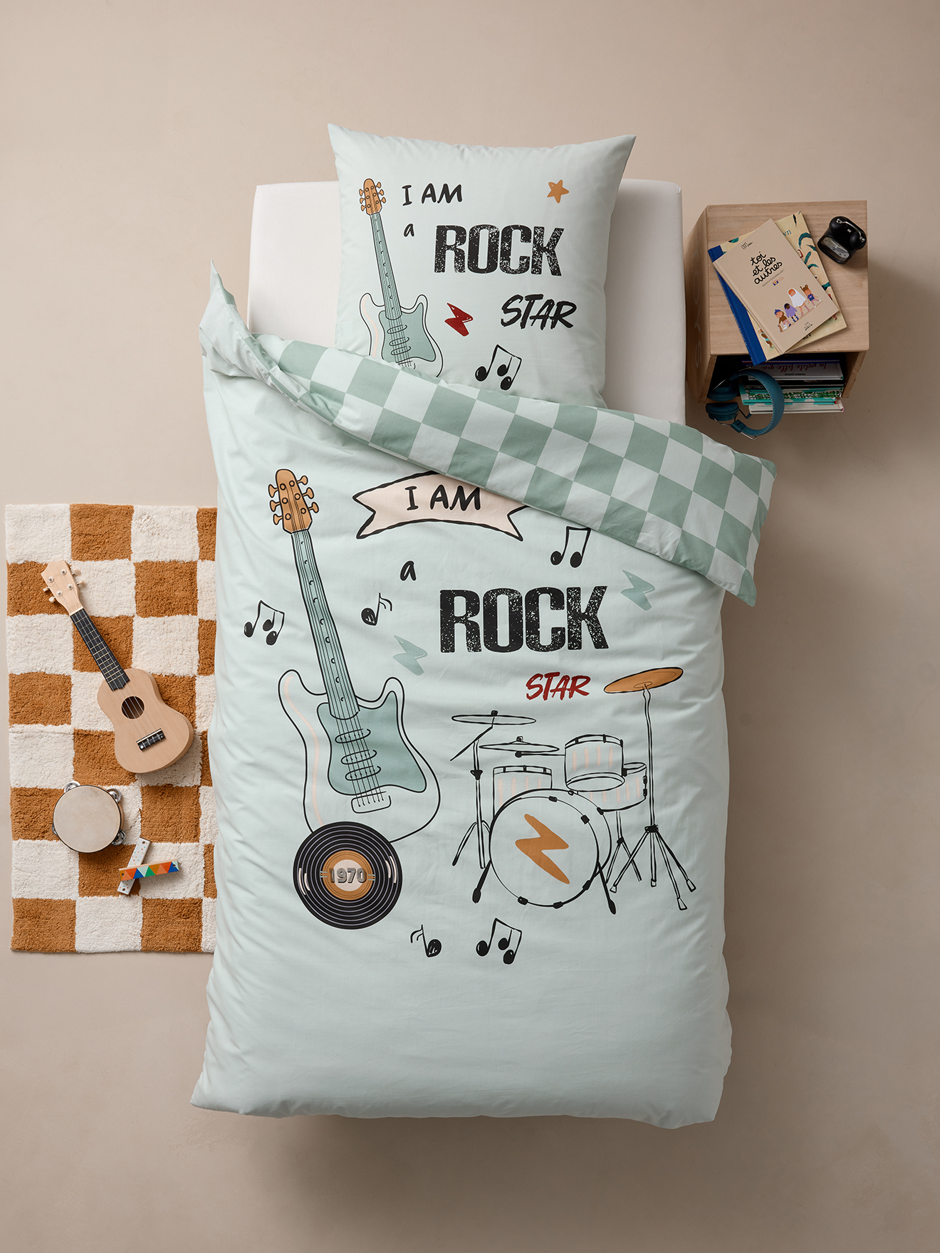 Parure housse de couette + taie d'oreiller ROCK MUSIC, avec coton recyclé, VERTBAUDET