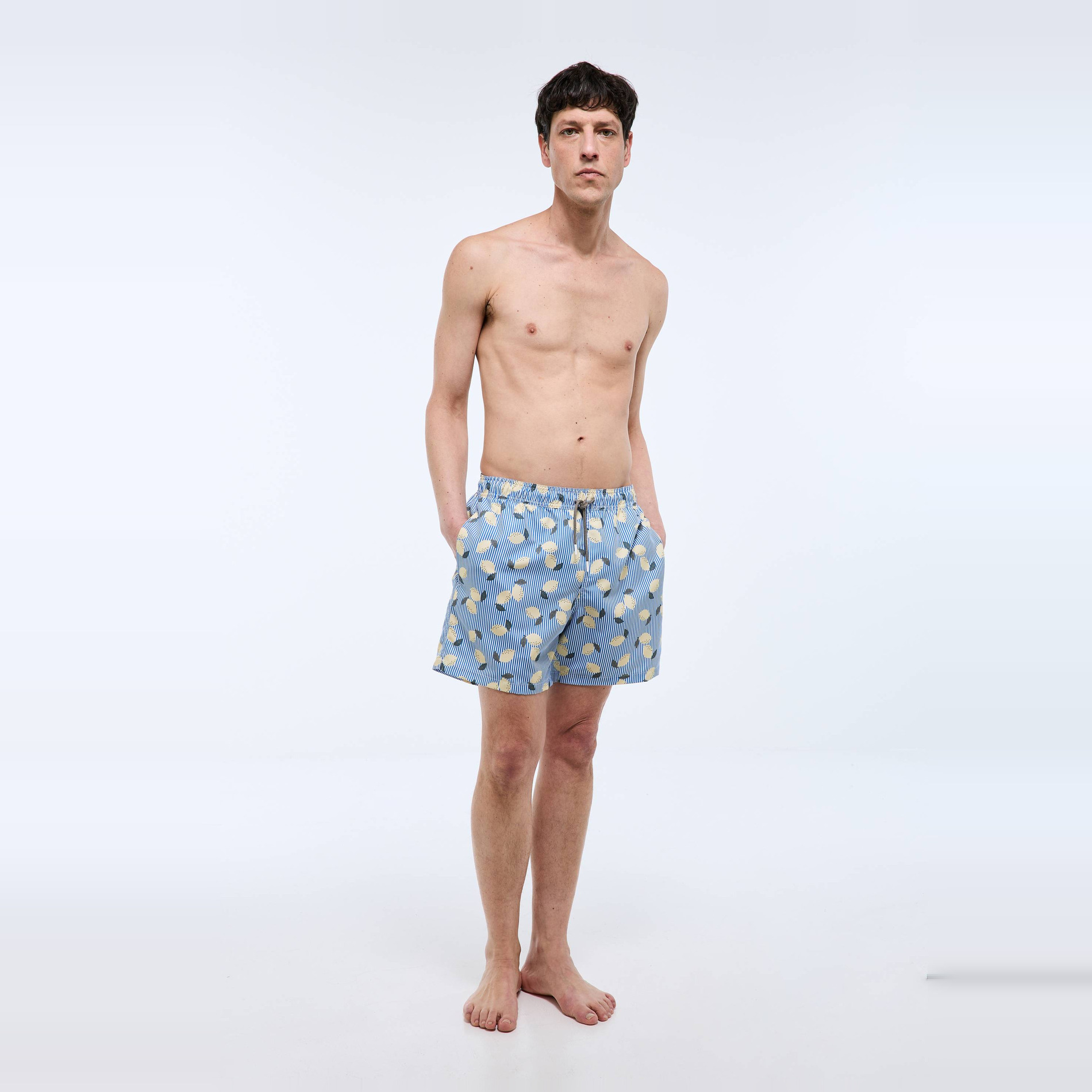 Short de bain imprimé citron rayé en polyester recyclé, MONOPRIX