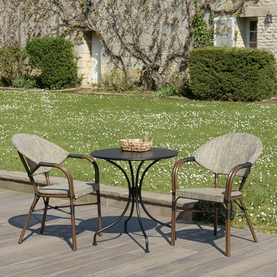 Salon de jardin table noire ronde D70 cm + 2 fauteuils bistrot tissu taupe GIJON PIER IMPORT