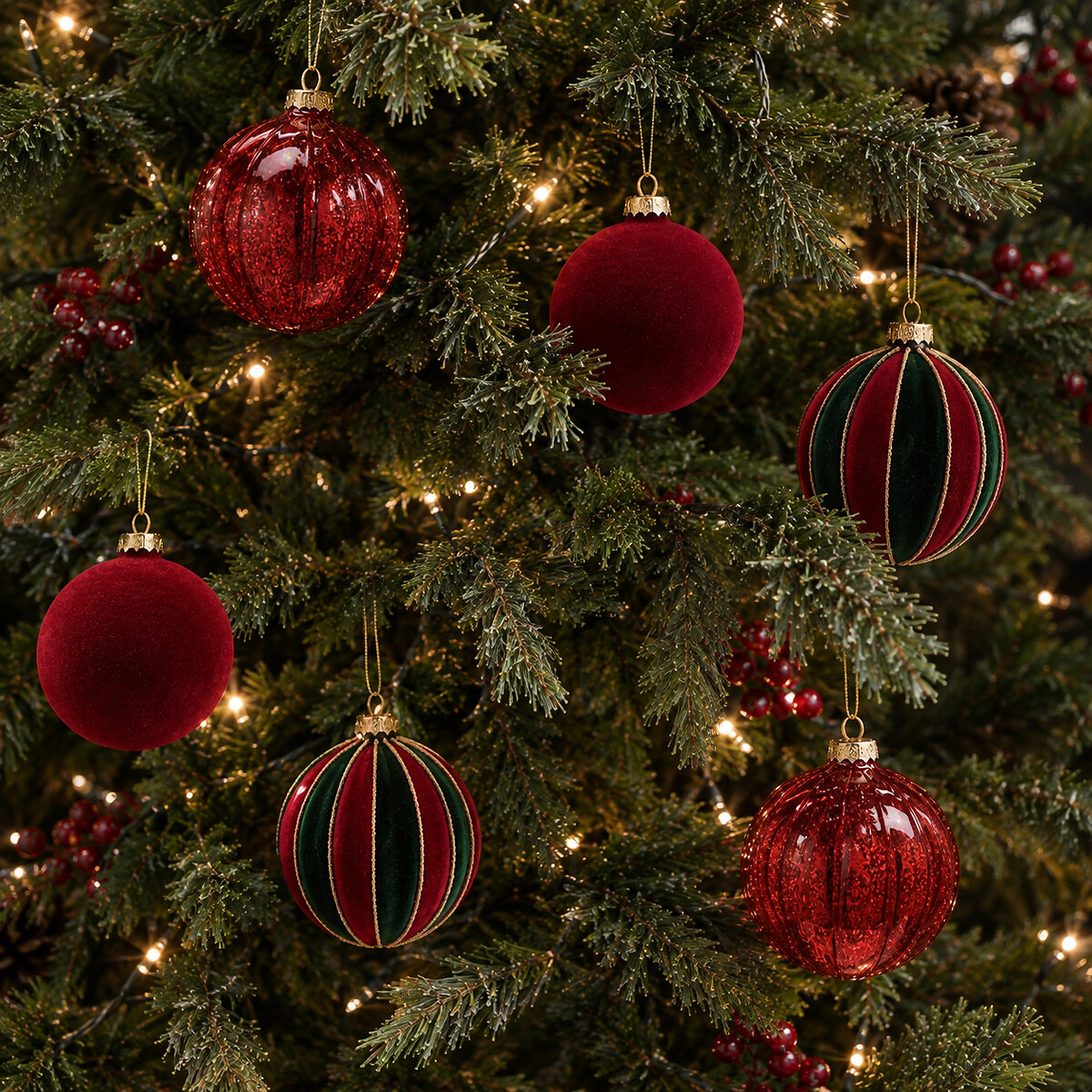 Set of 6 Heritage Noel Mixed Red baubles, SO'HOME