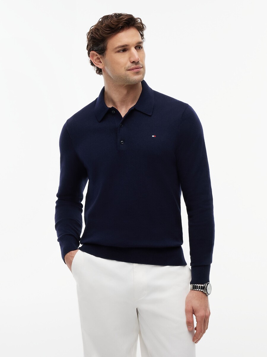 Pull col polo en coton et cachemire, TOMMY HILFIGER