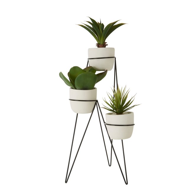 73cm Set of 3 Succulents, Floor Standing Ceramic Pot, Iron Stand, white, SO'HOME