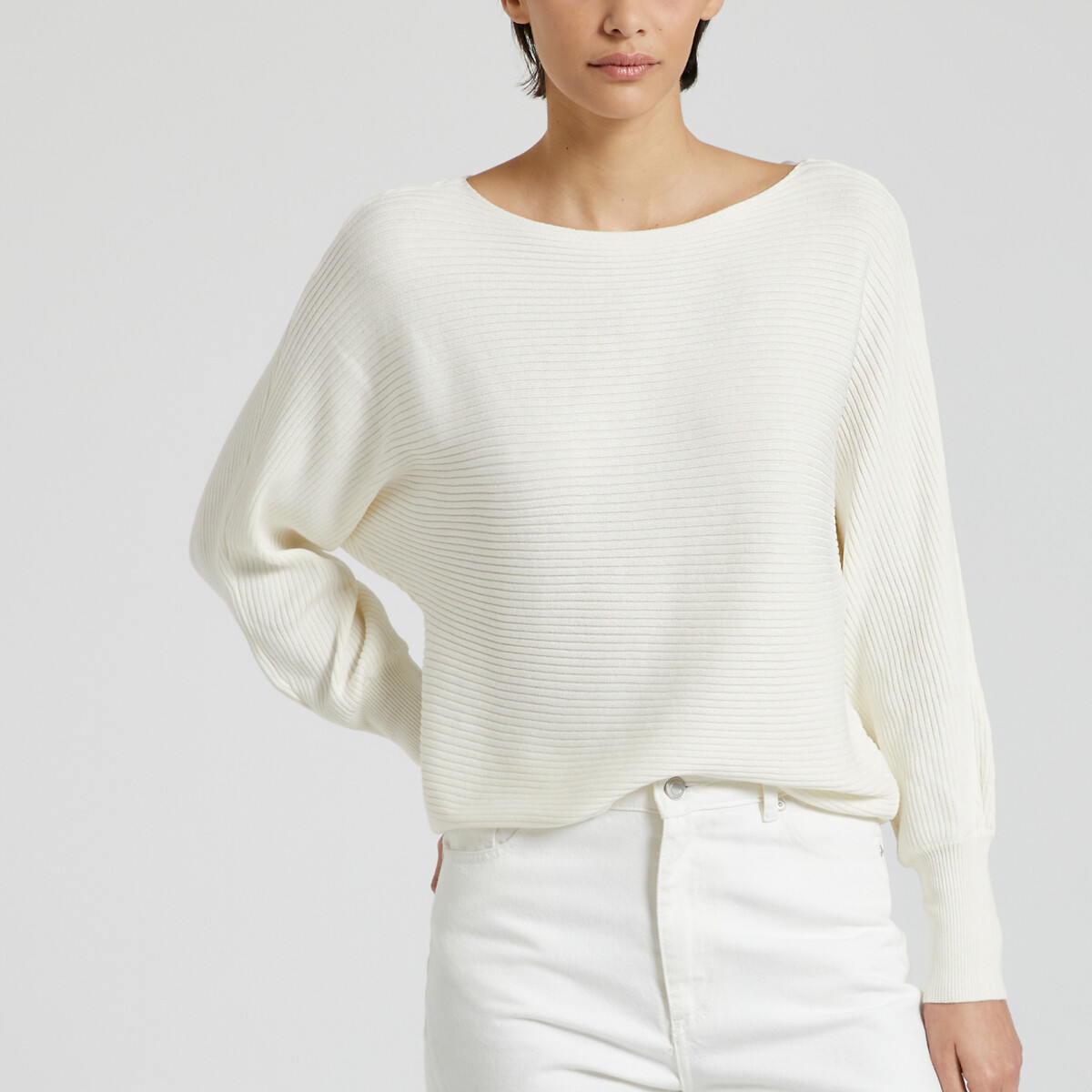 Ribbed boat neck jumper, white, Only Petite | La Redoute