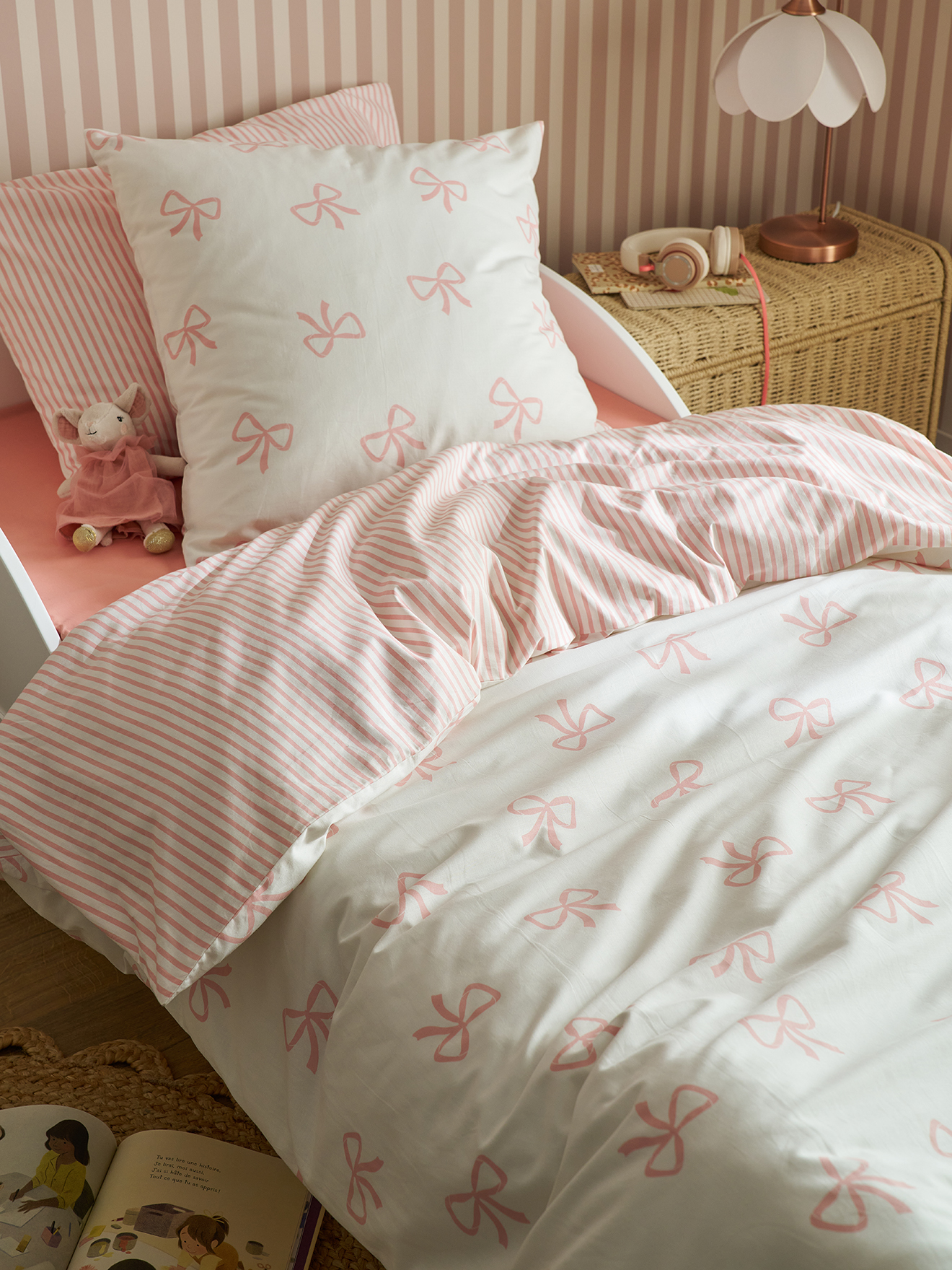 Parure housse de couette et taie d'oreiller NOEUDS avec coton recyclé, VERTBAUDET