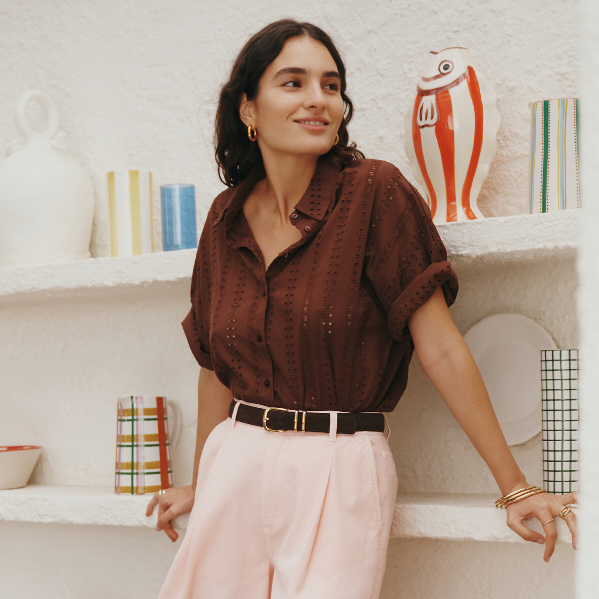 Broderie Anglaise Oversize Shirt with Elbow-Length Sleeves, LA REDOUTE COLLECTIONS
