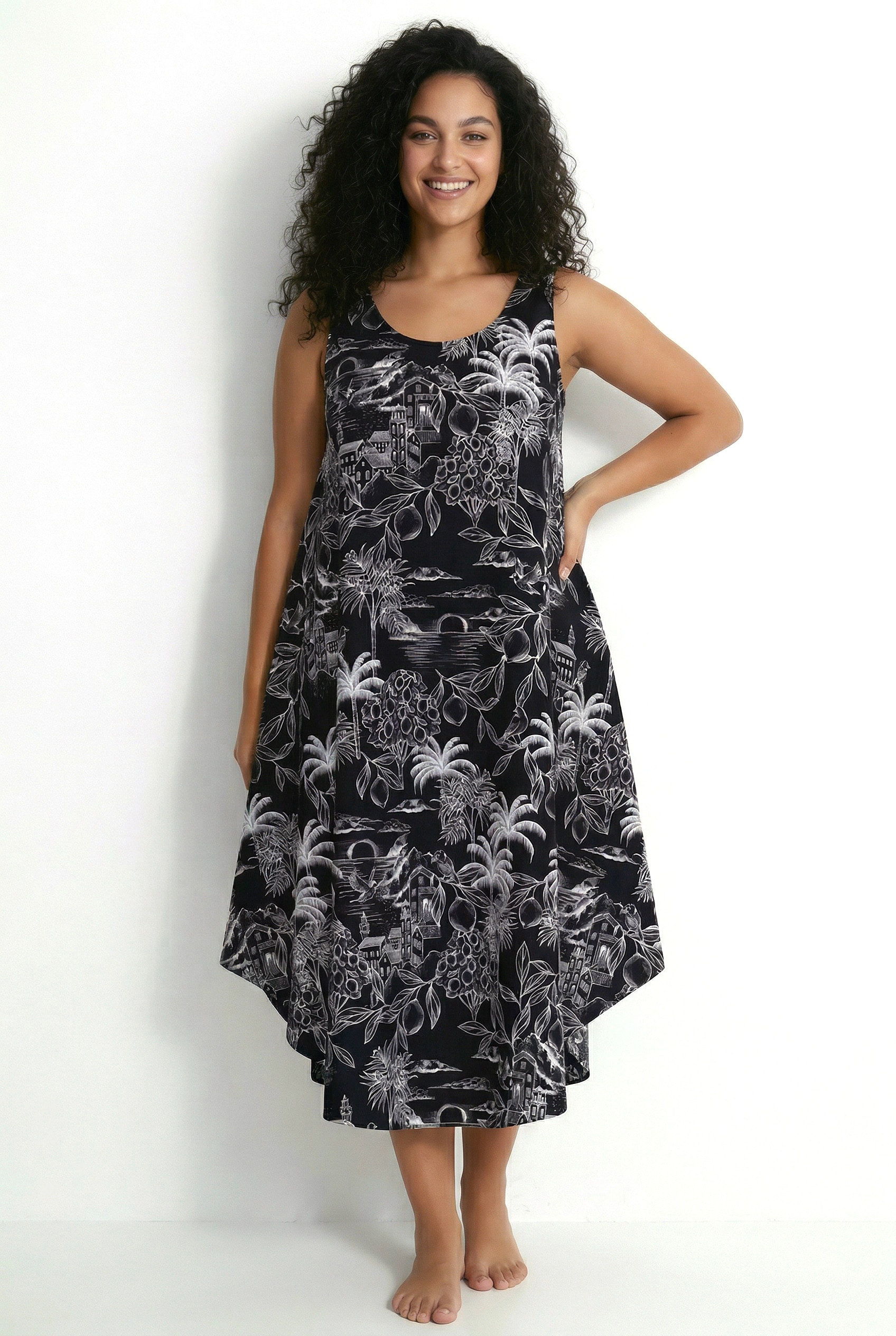 Robe midi sans manches, motif palmiers, ULLA POPKEN