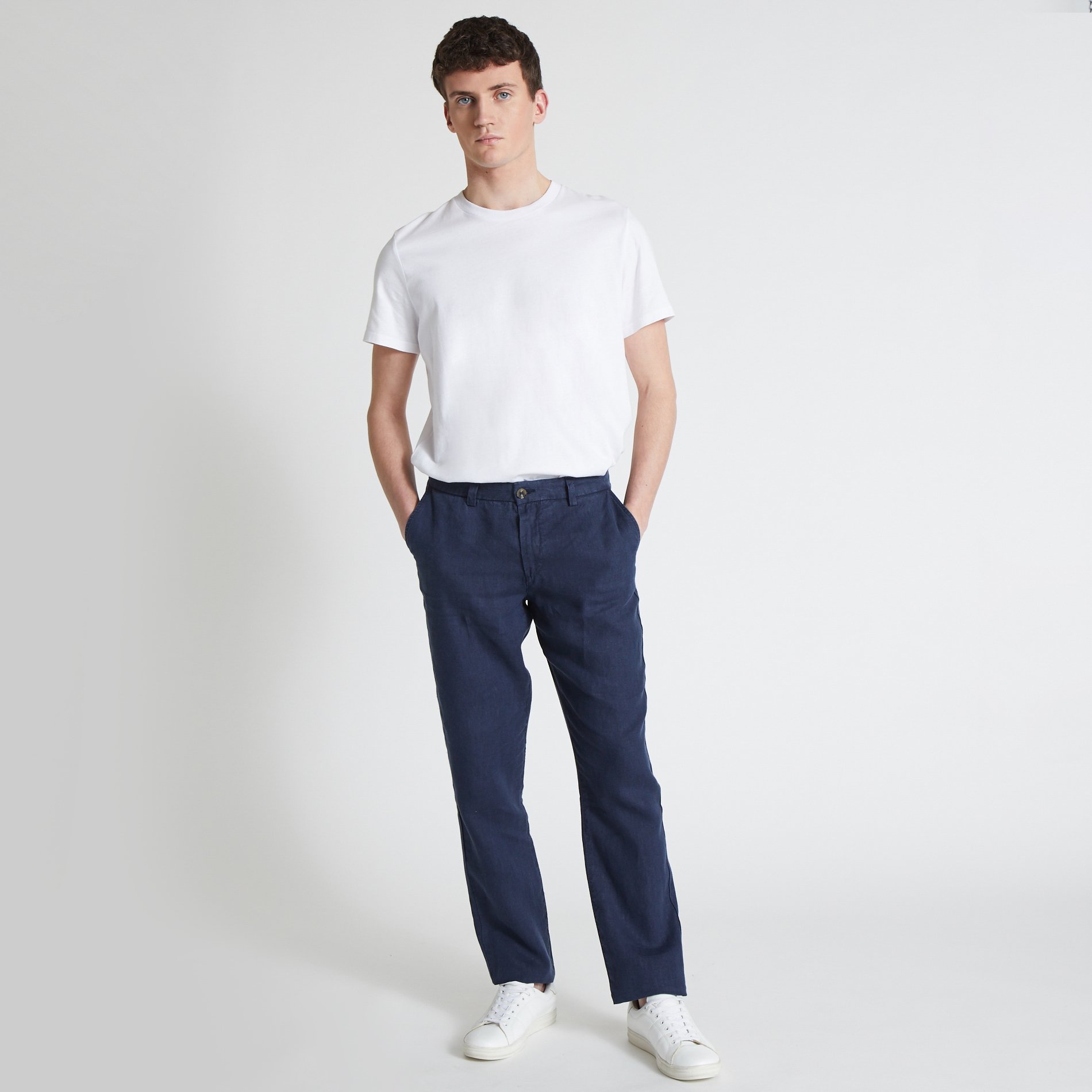 Pantalon boutonné en lin, MONOPRIX