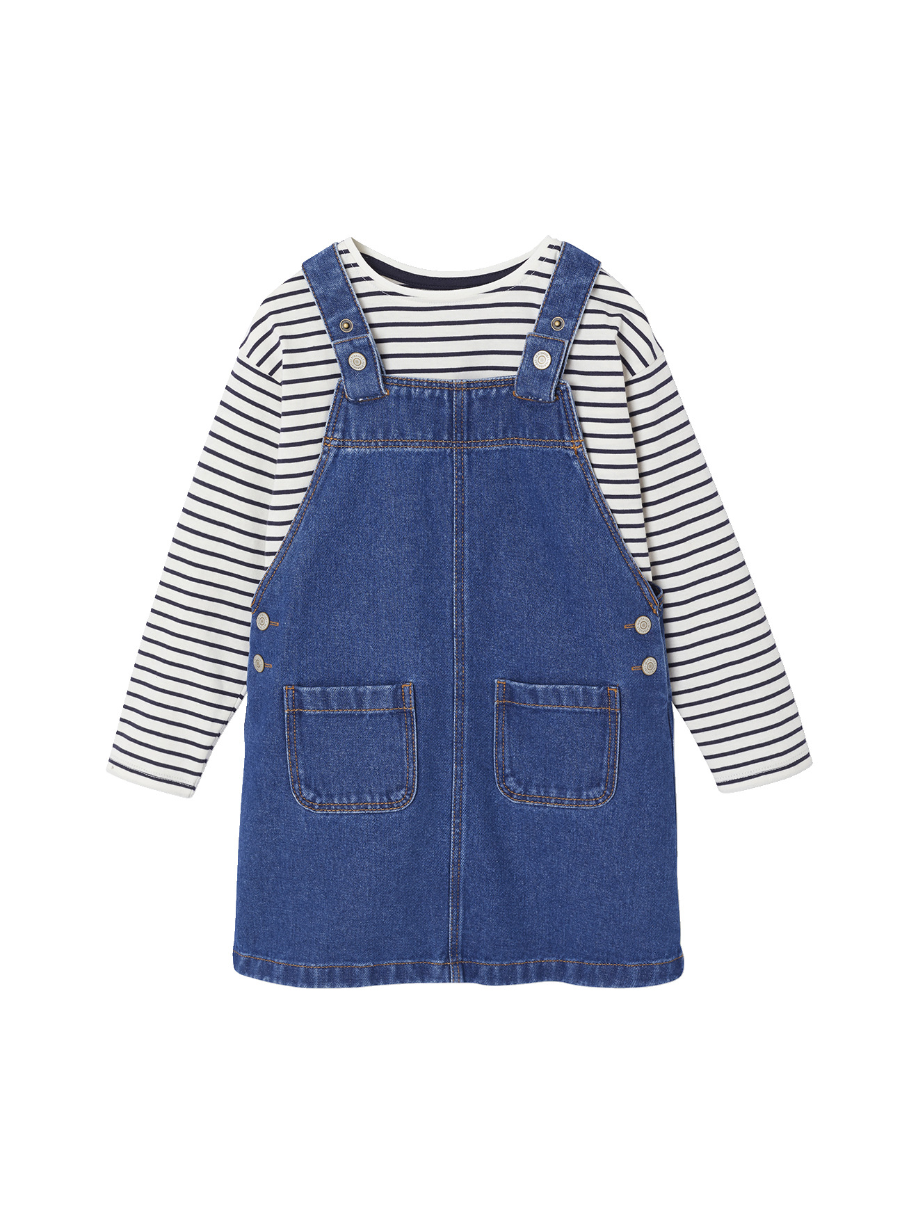 Ensemble robe salopette en jean et tee shirt rayé, VERTBAUDET
