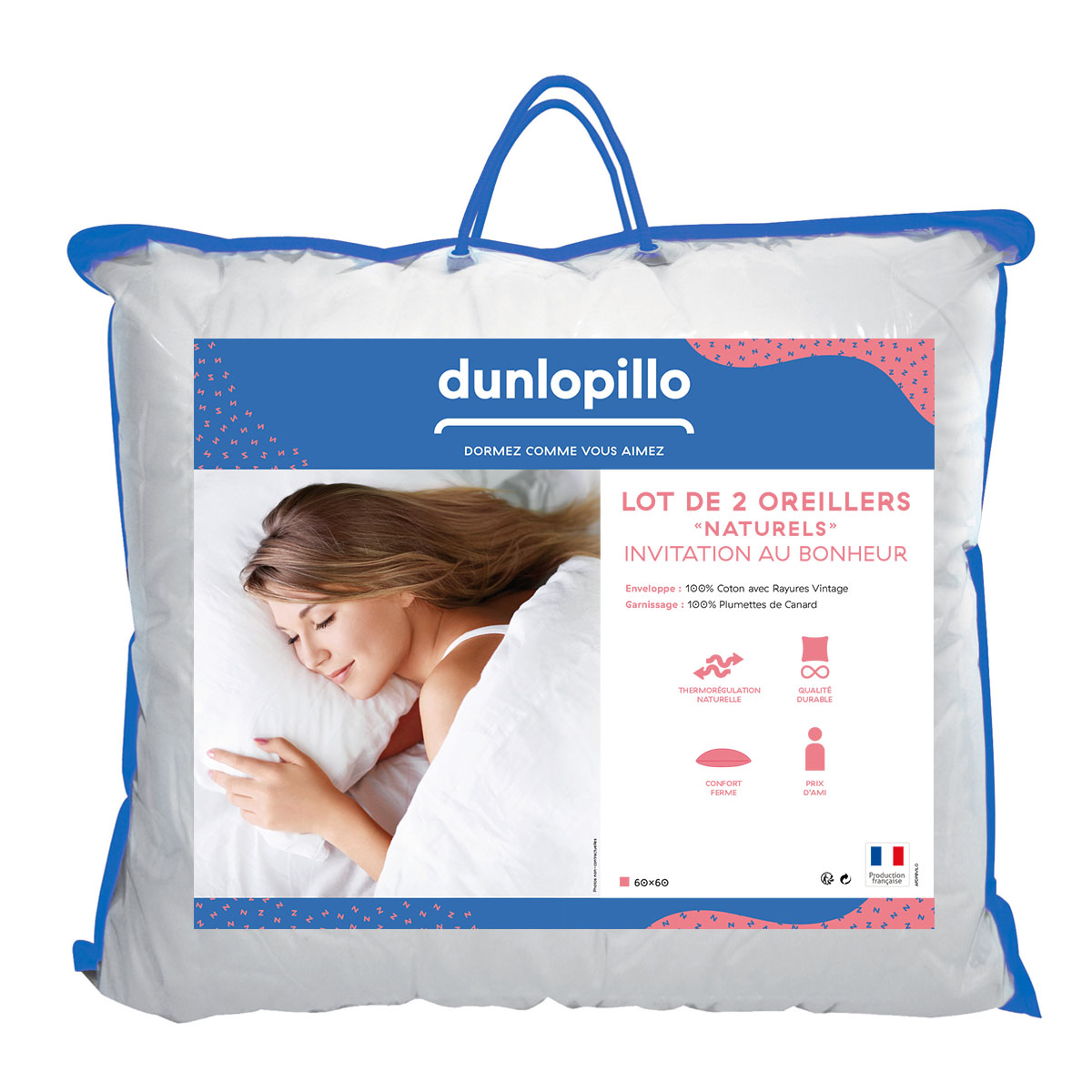 Lot de 2 oreillers Invitation au Bonheur - 100% plumettes, DUNLOPILLO