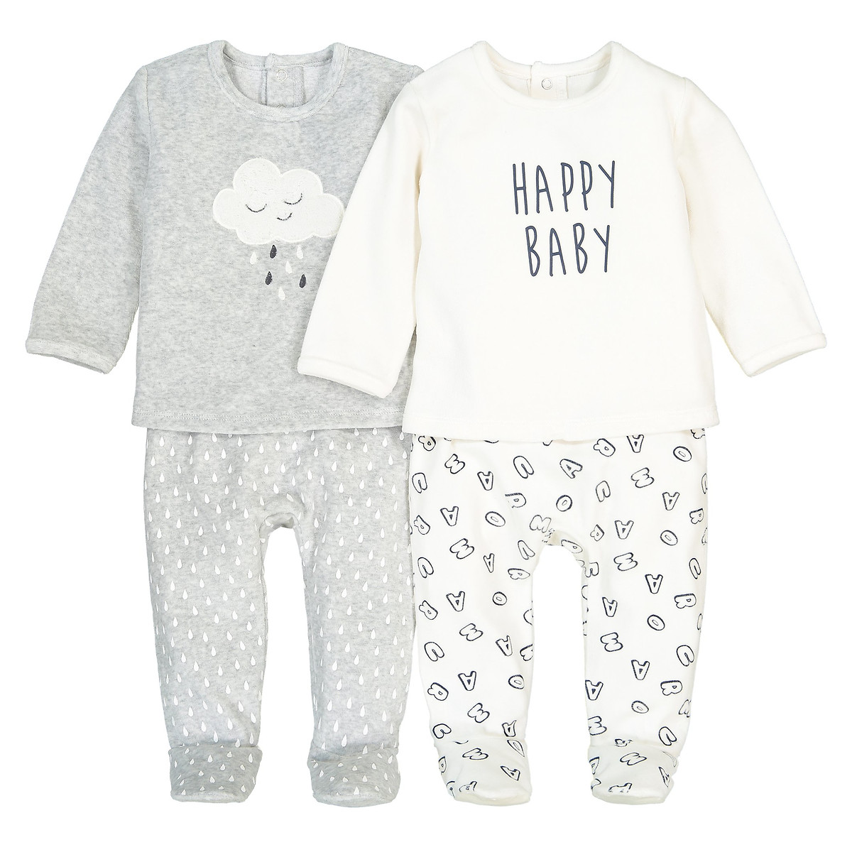Pack Of 2 Velour Pyjamas In Cotton Mix Birth 3 Years Grey La Redoute Collections La Redoute