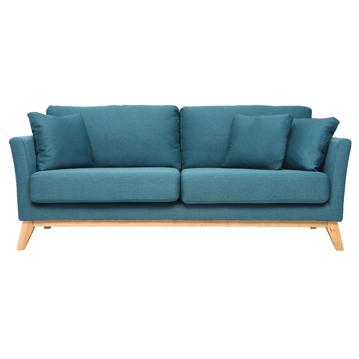 Canapé scandinave déhoussable 3 places en tissu effet velours texturé bleu foncé et bois foncé OSLO, MILIBOO
