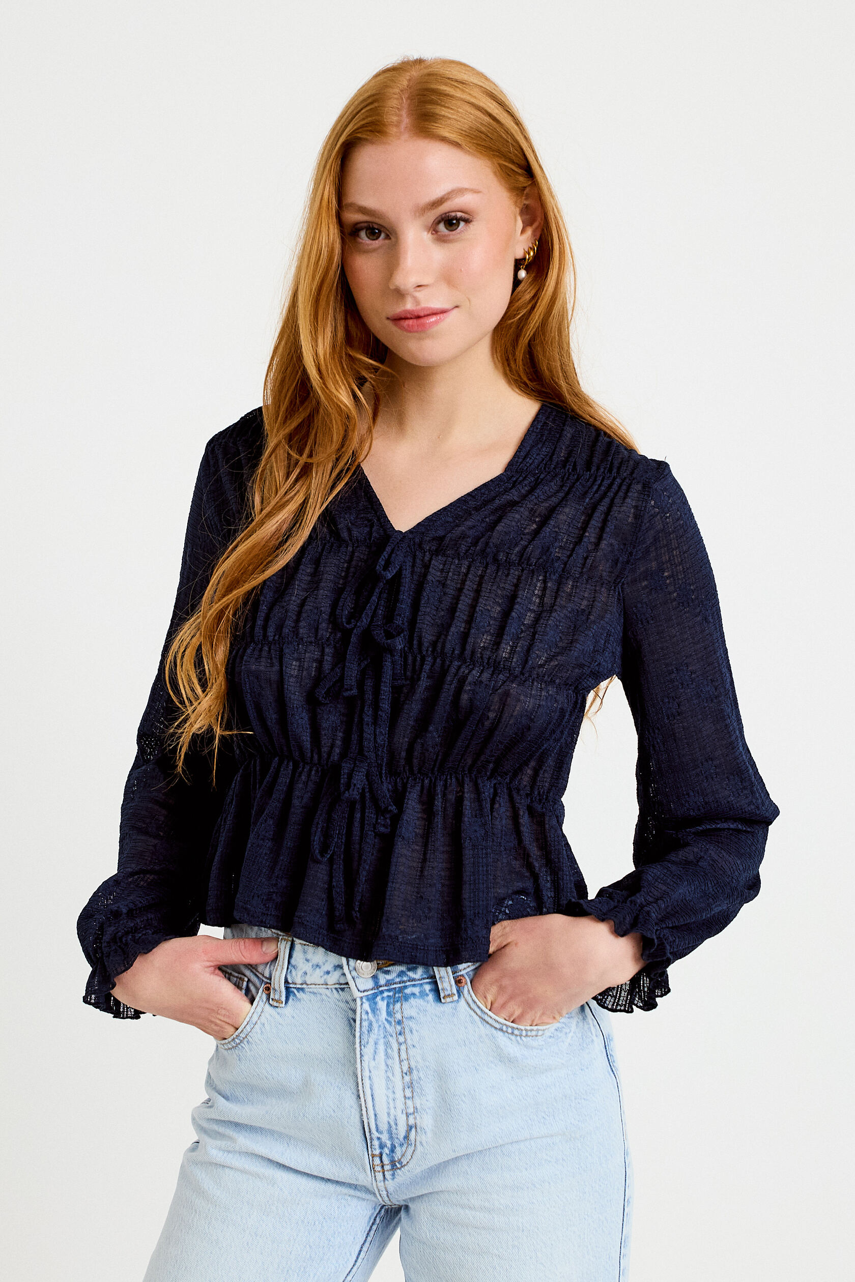 Blouse ajustée col v dentelle plissée, CACHE CACHE