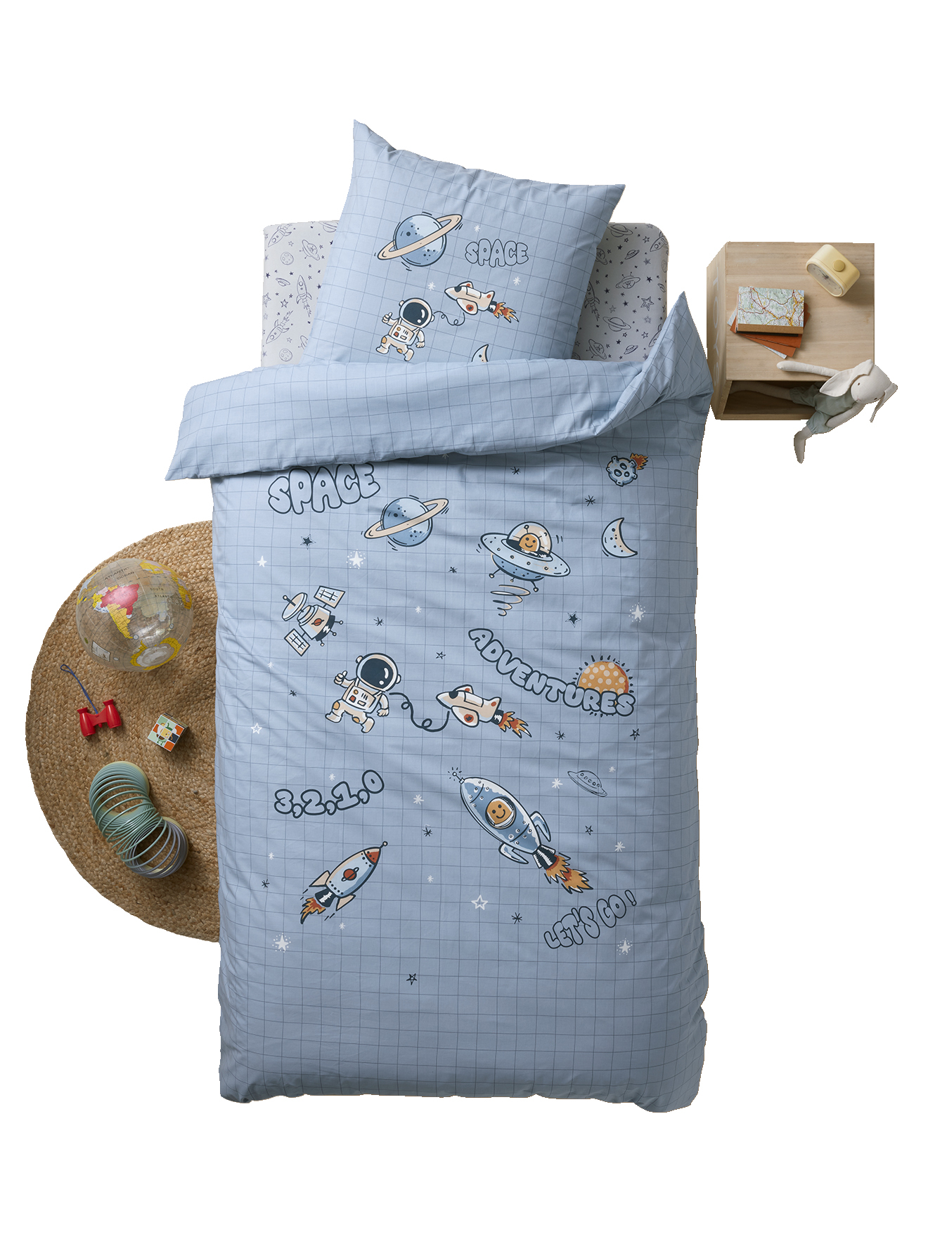 Parure housse de couette + taie d'oreiller INTERGALACTIC, avec coton recyclé, VERTBAUDET
