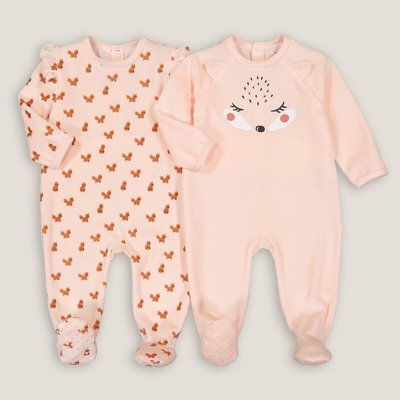 Pack of 2 Velour Sleepsuits in Printed Cotton Mix LA REDOUTE COLLECTIONS