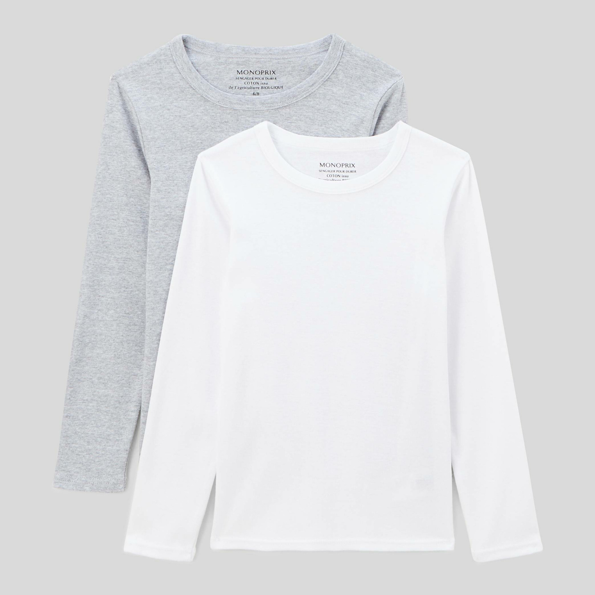 Lot de 2 t-shirts manches longues unis en coton BIO GOTS, MONOPRIX