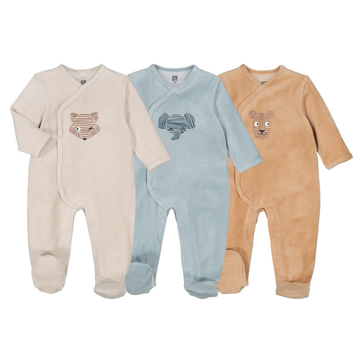 Lot de 3 pyjamas en velours, ouverture devant, motifs têtes d'animaux, LA REDOUTE COLLECTIONS