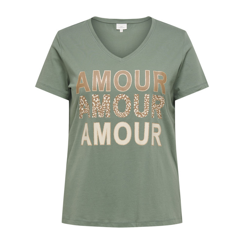 T-shirt en coton biologique kaki avec un imprimé et une coupe ajustée, ONLY CARMAKOMA