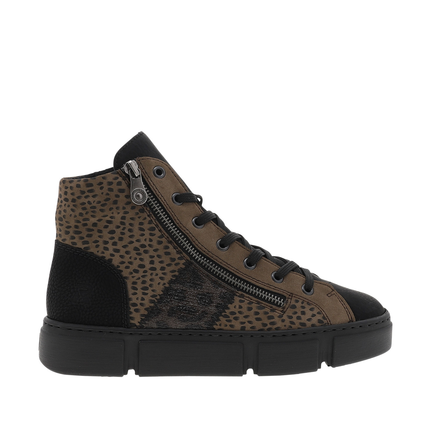 Bottines noires et marron à talon plat dotées d'empiècements bi-matières, RIEKER