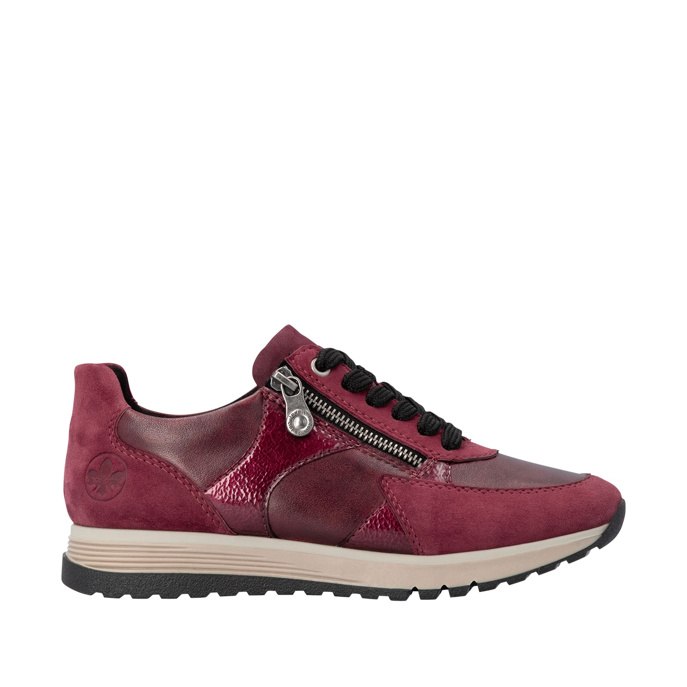 Baskets running en cuir bordeaux à talon plat avec lacets et zip latéral, RIEKER