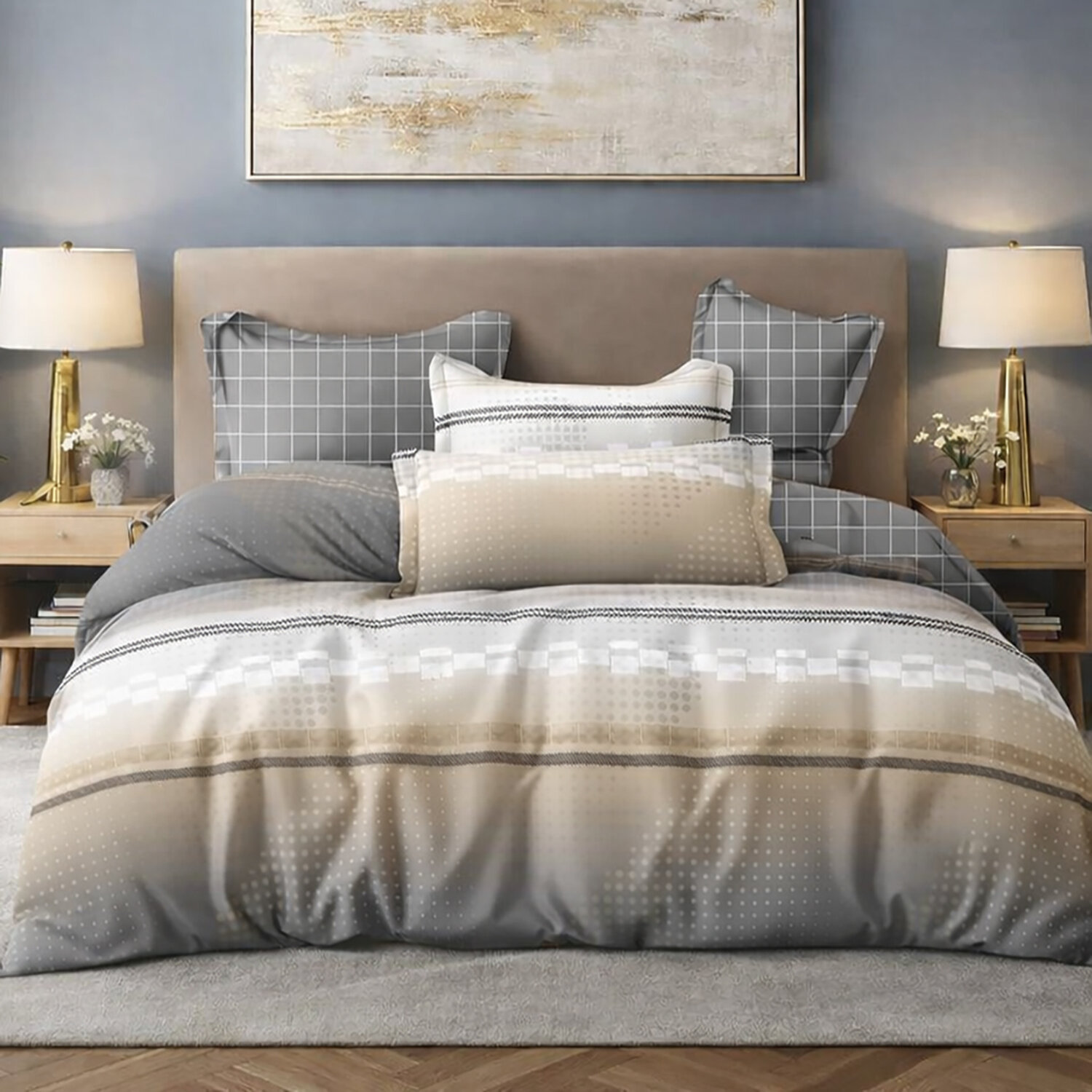 Parure house de couette en coton imprimé graphique beige, Strate, C DESIGN HOME TEXTILE