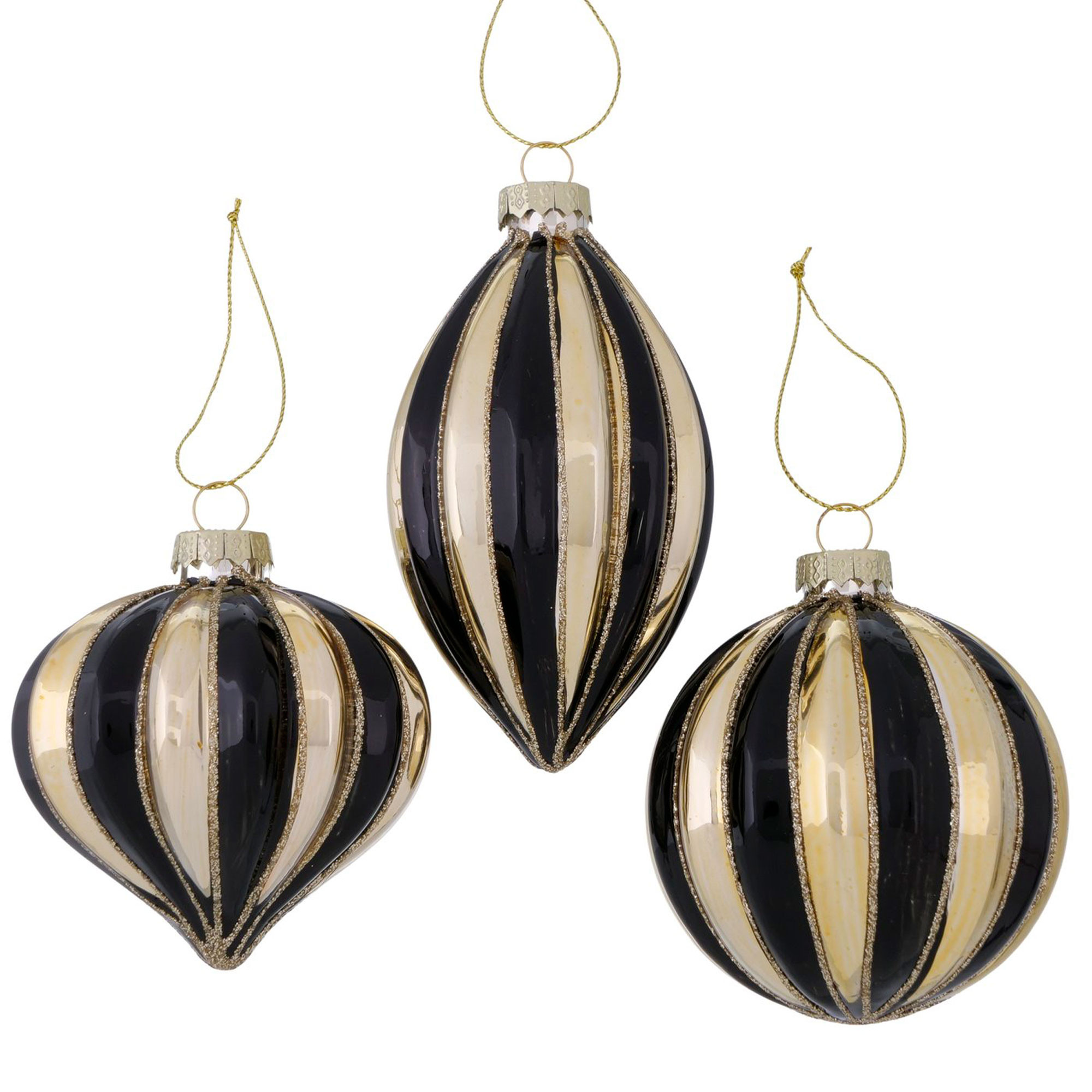 Set de 3 boules de Noël rayées noires et dorées peintes à la main 8x8x12.5cm, WADIGA