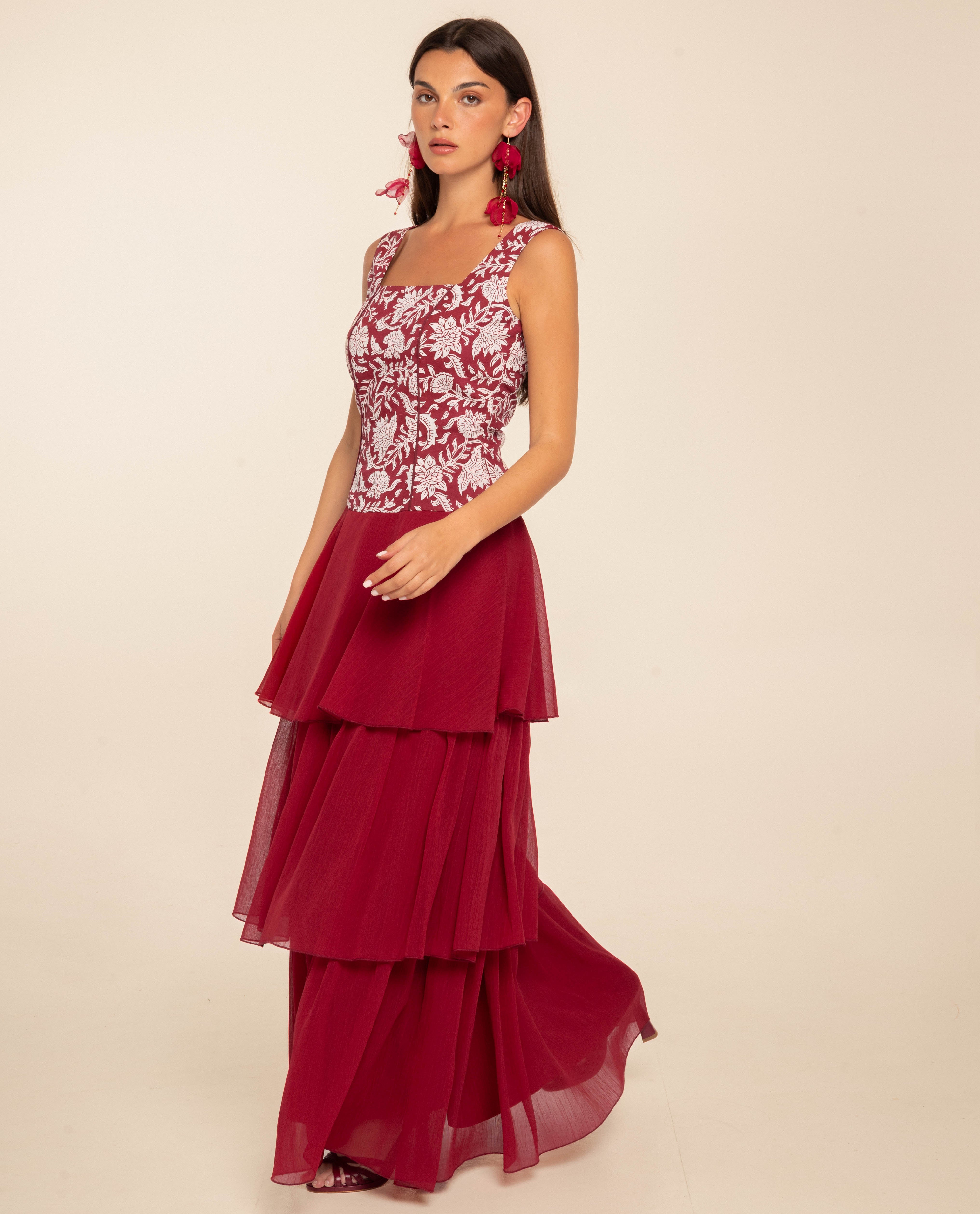 Robe midi avec bustier brodé et jupe en mousseline à trois volants, THE-ARE