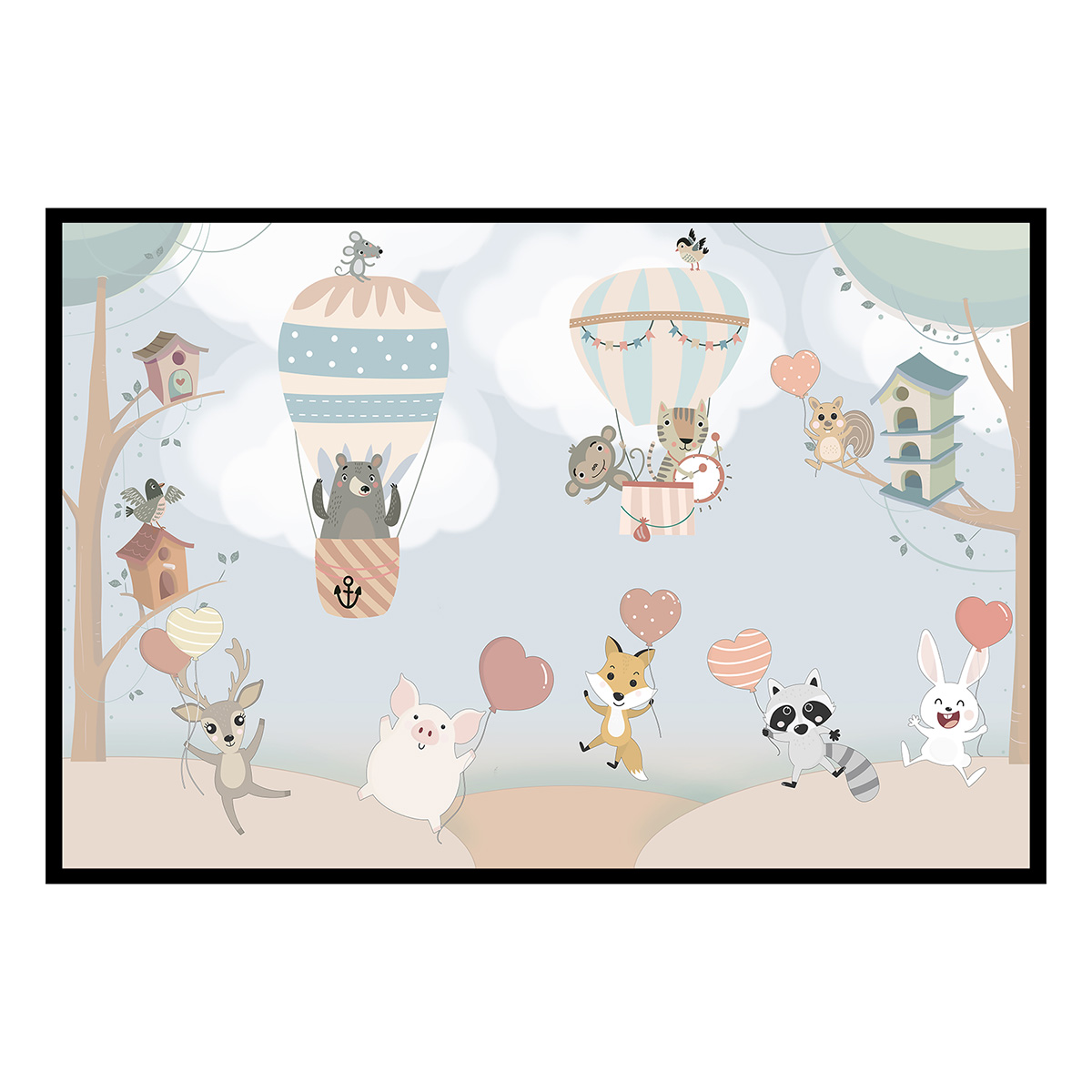 Affiche encadrée animaux et montgolfières enfant, HEXOA