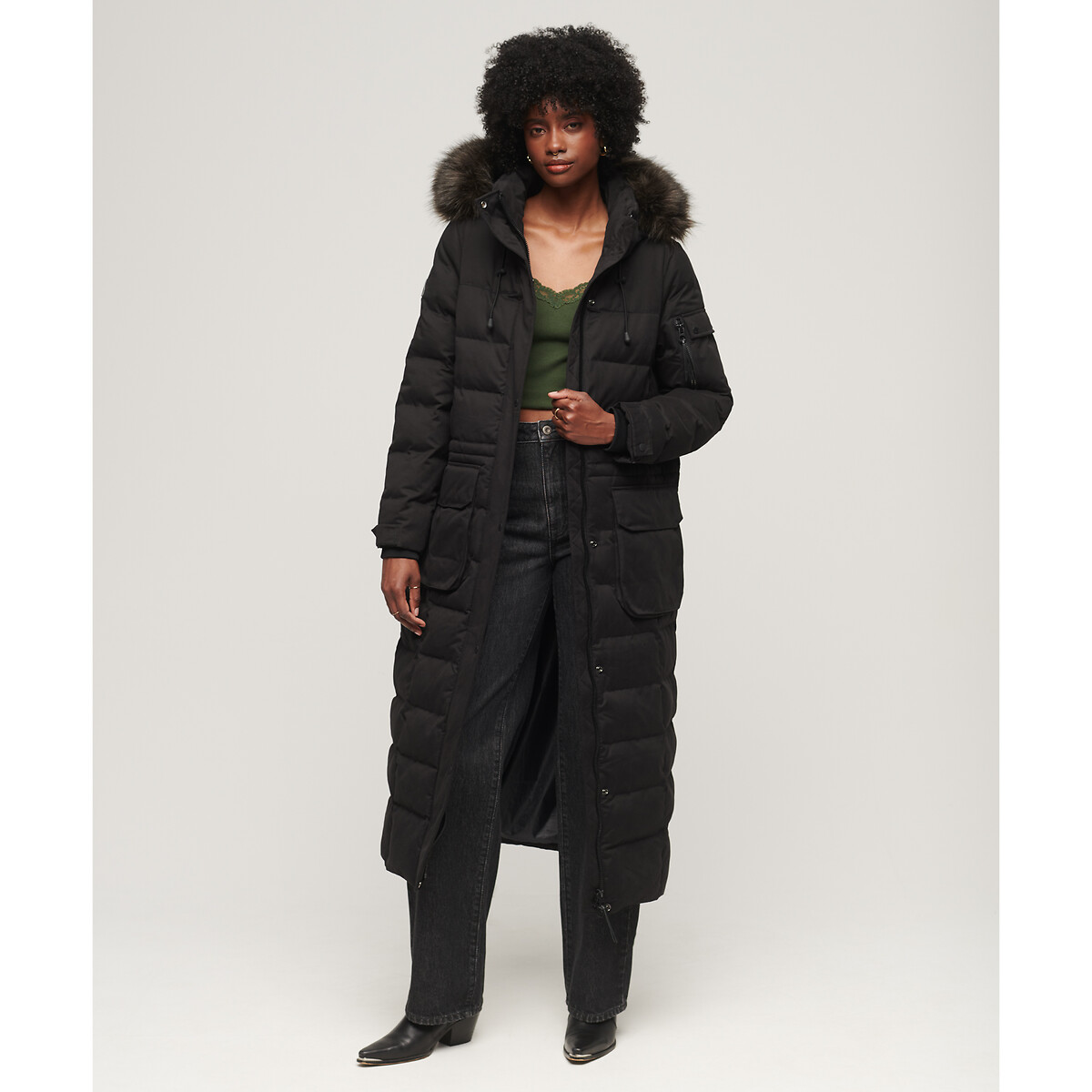 Image of Long Hooded Parka with Faux Fur Trim