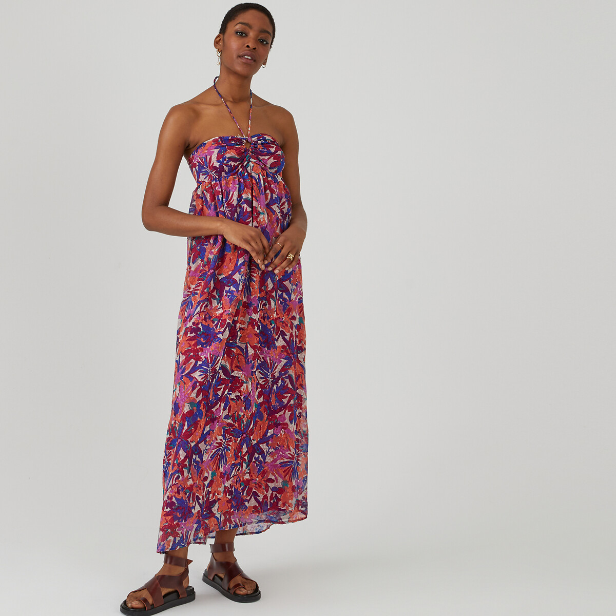 Recycled strappy midi dress in floral print, multi-coloured floral ...