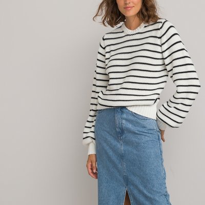 Striped Ribbed Knit Jumper/Sweater in Cotton Mix with Balloon Sleeves LA REDOUTE COLLECTIONS