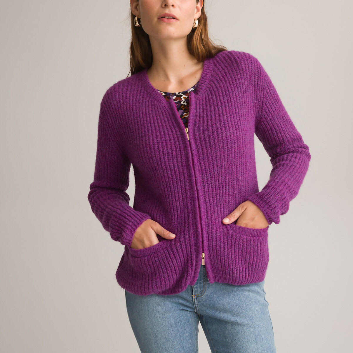 Two-way zip cardigan in chunky knit, dark purple, Anne Weyburn